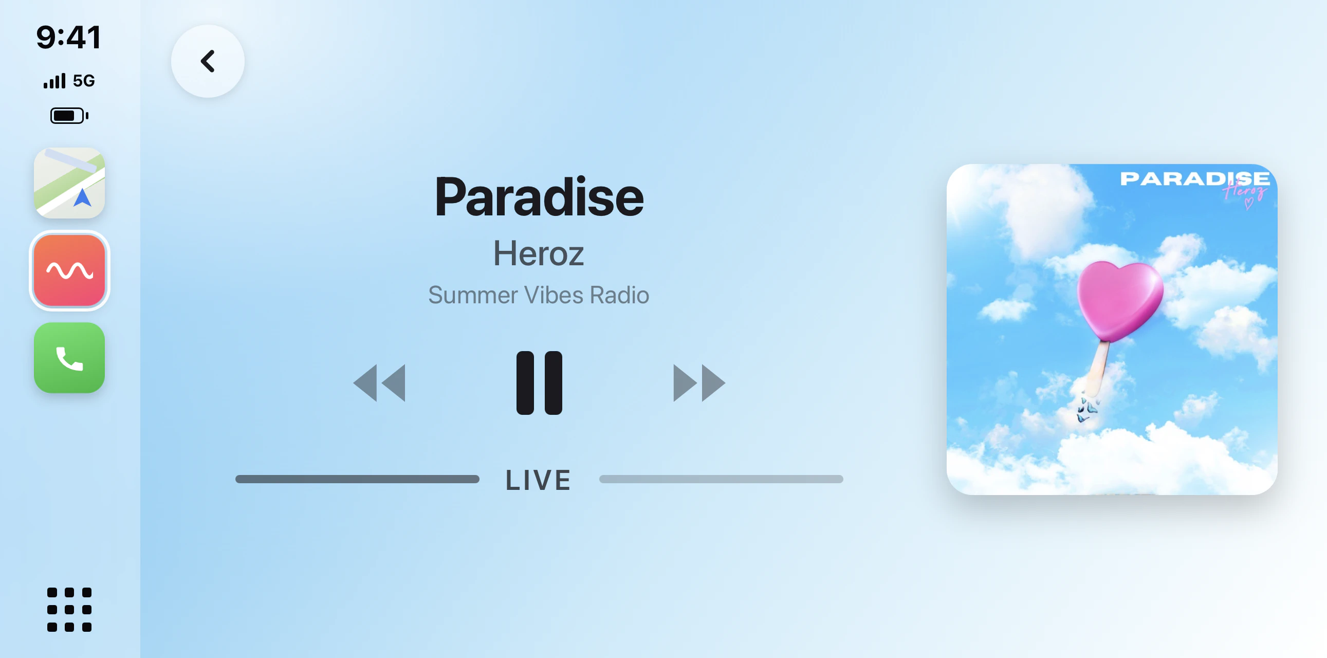 Now playing on Apple CarPlay — Paradise by Heroz on Summer Vibes Radio with album artwork