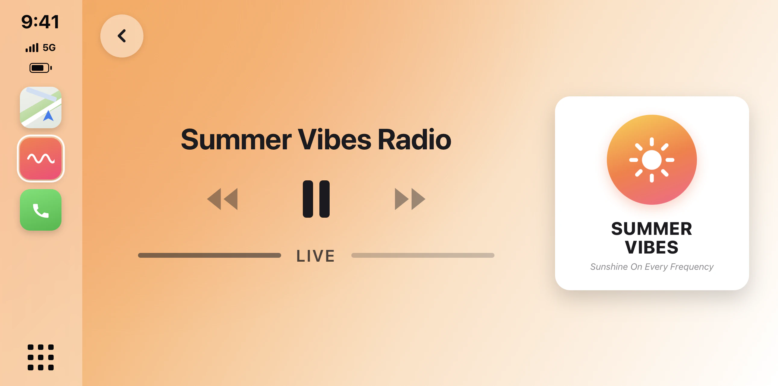 Now playing on Apple CarPlay — Summer Vibes Radio live with branded station logo